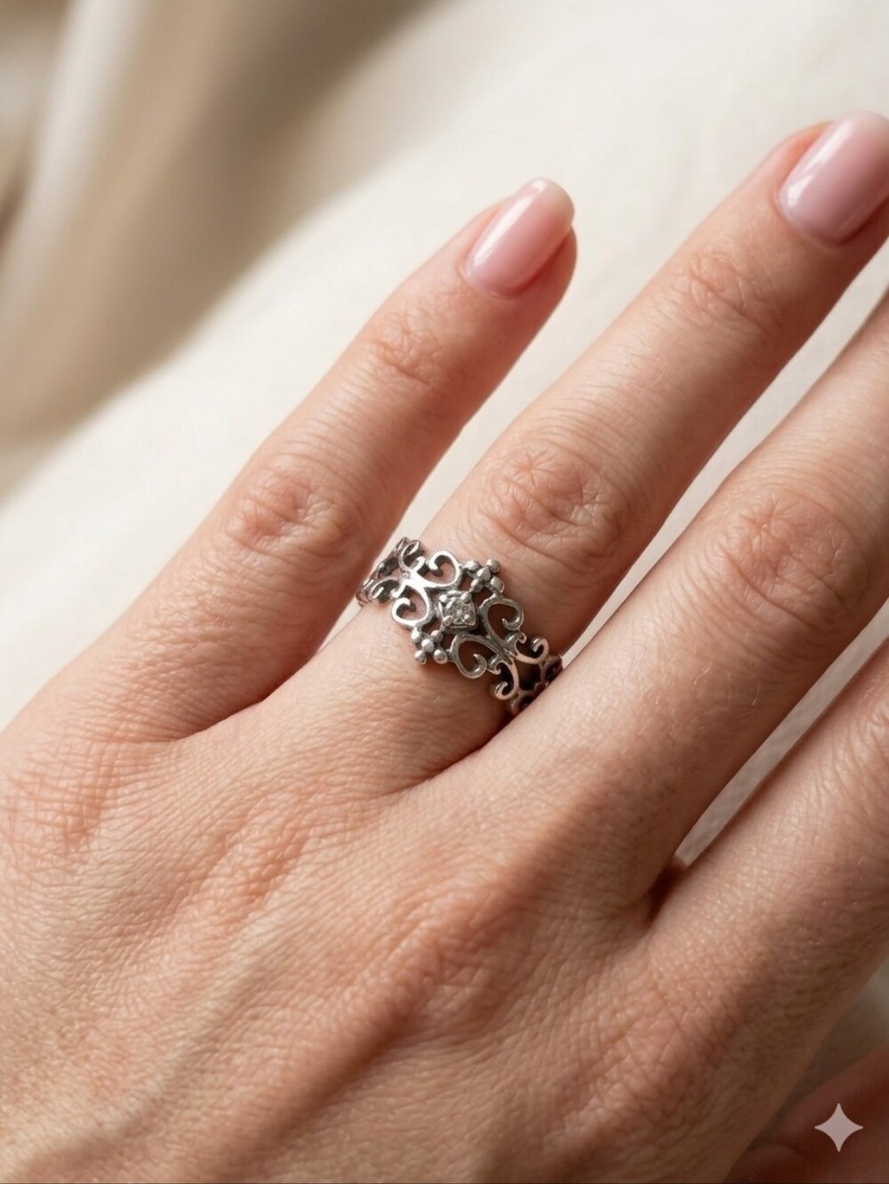 Flower Silver Filigree Crown Ring - Silvertone